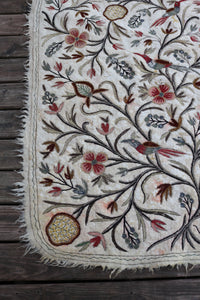 Antique Embroidered Kashmir Cotton Rug With Birds | Folk Art | Ornate