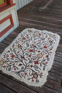 Antique Embroidered Kashmir Cotton Rug With Birds | Folk Art | Ornate