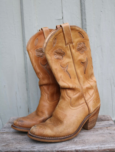 vintage floral leather cowgirl boots rare 70s 60s size 7 boho brown western