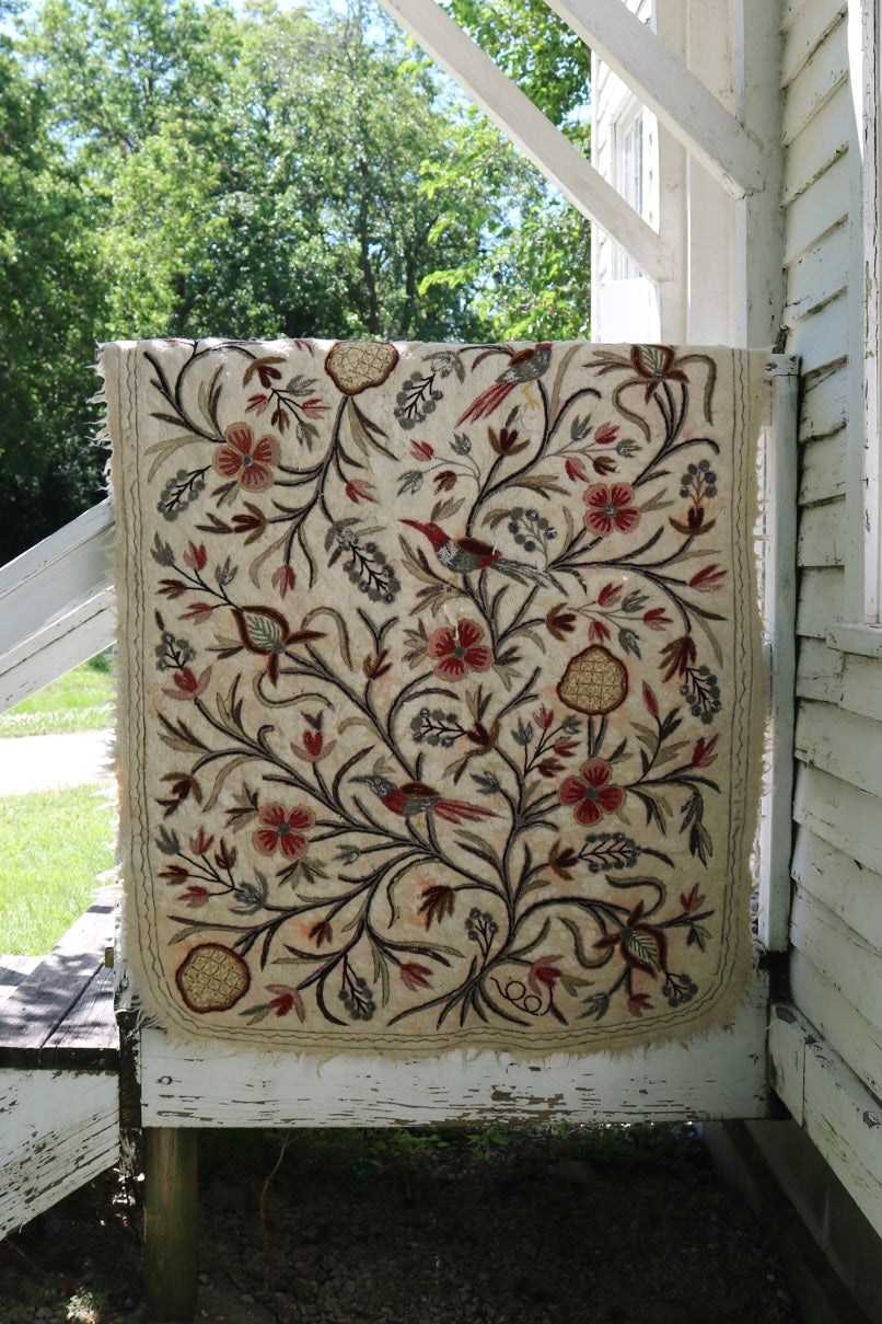 Antique Embroidered Kashmir Cotton Rug With Birds | Folk Art | Ornate