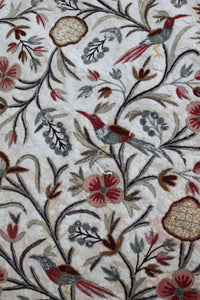 Antique Embroidered Kashmir Cotton Rug With Birds | Folk Art | Ornate